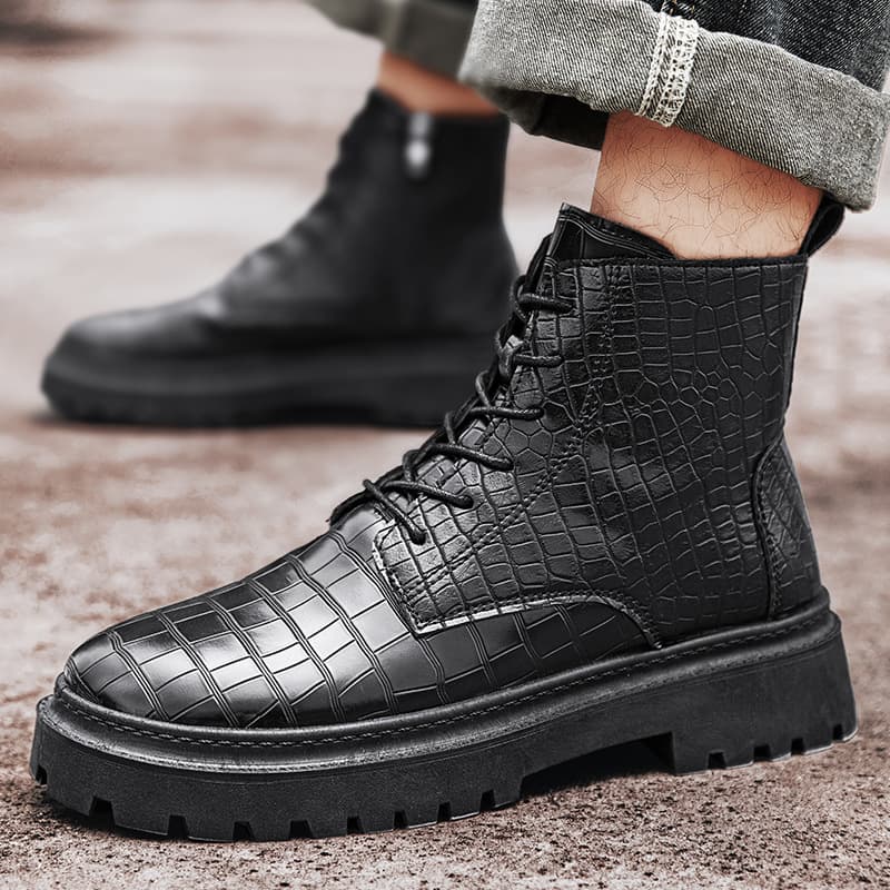 Men's Retro Chunky Sole Side-Zip Ankle Boots - Fashionable PU Leather Lace-Up Height Increasing Casual Boots​