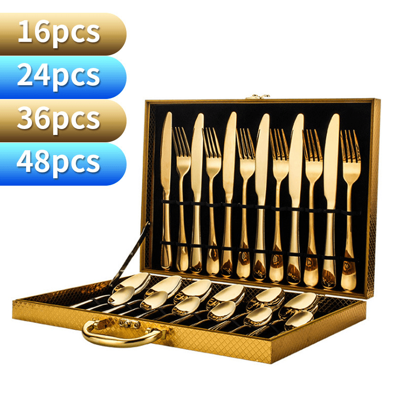 24-Piece Titanium Plated 1010 Stainless Steel Cutlery Set - Premium Knife Fork Spoon Gift Box Collection (4 Main Pieces Included)