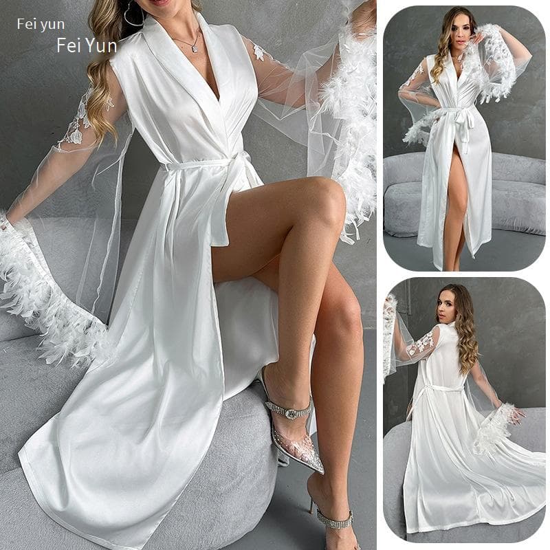 Women's Sleepwears New Sexy Nightgown Plus Long Bathrobe Pajamas Female Long Sleeve Feather Ladies Satin Home Clothes