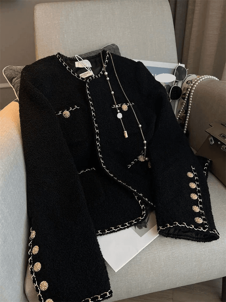 Women's Clothing light luxury small tweed black short jacket all-match royal sister style baseball jacket spring