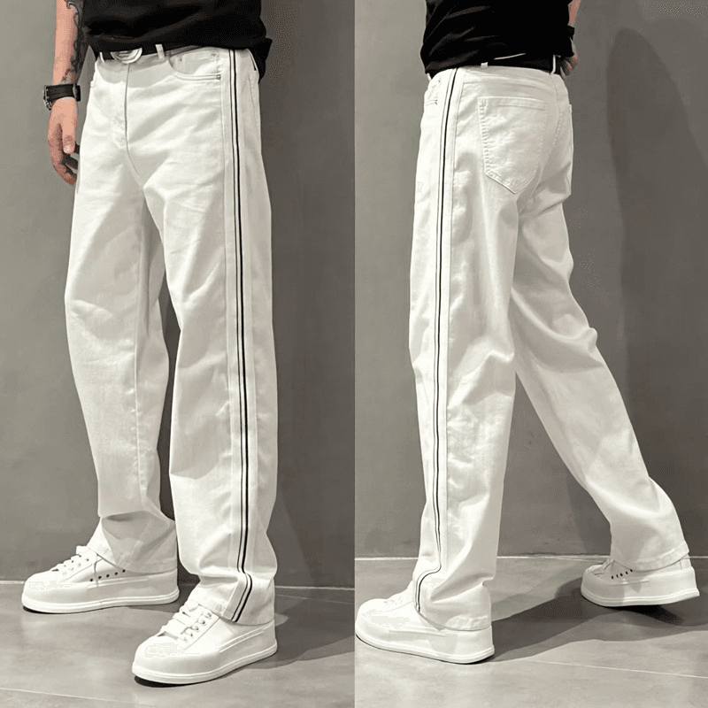 Men's Clothing Summer Thin All Match Wide Leg Pants Men's Striped Stitching Straight Casual Pants Fashionable Loose White Jeans Men's Trend