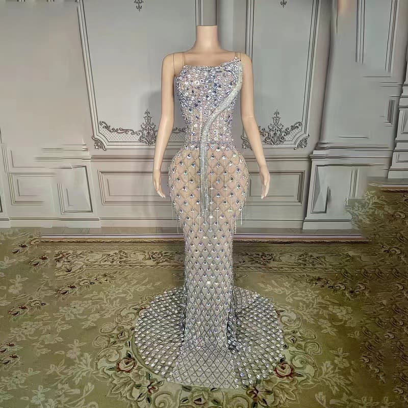 Women's Clothing New Heavy Duty Luxury Sexy Full Diamond Tight Rhinestone Shining Dress Long Skirt Tail Tassel Gift