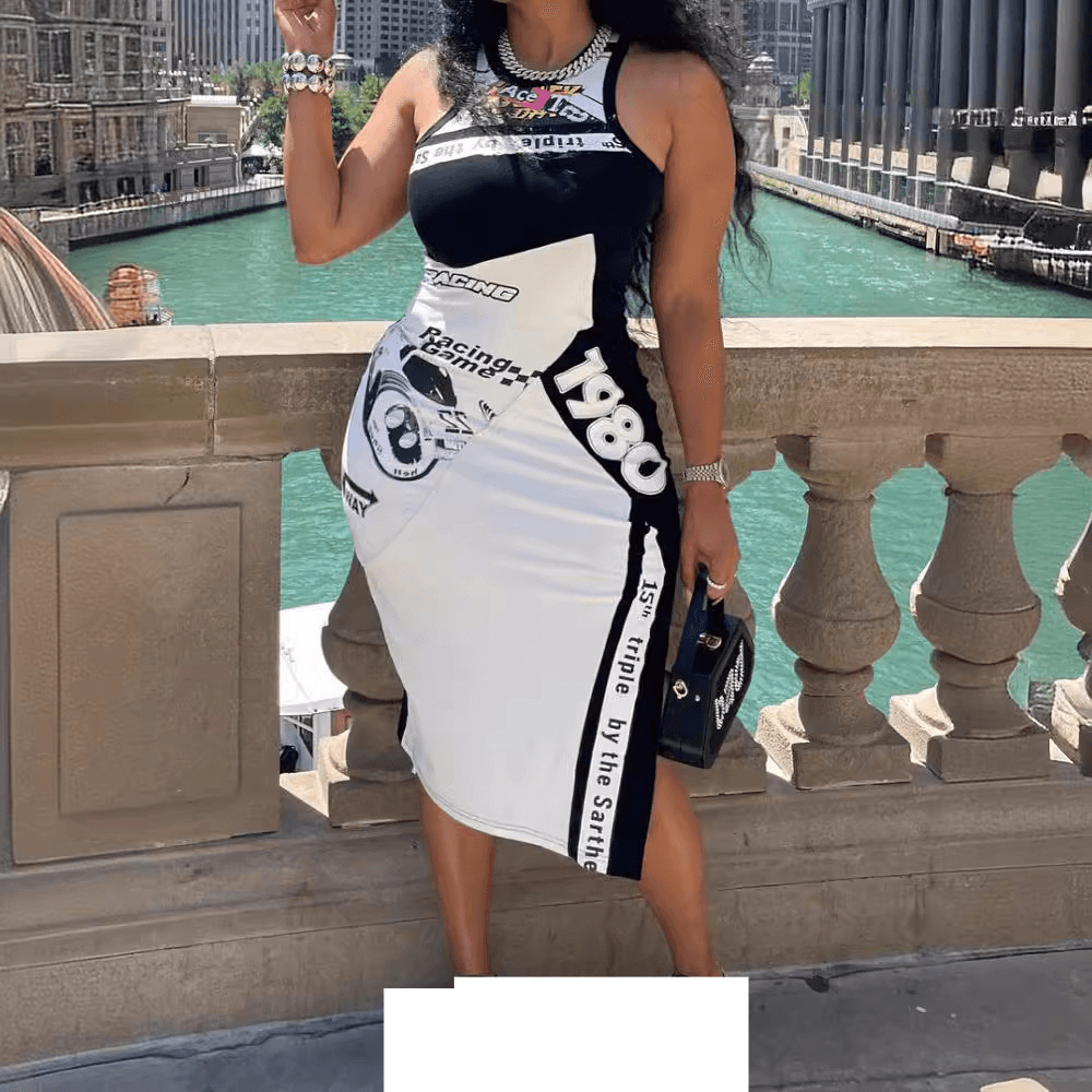 Women's Clothing Motorcycle style digital printing casual vest music festival tight dress