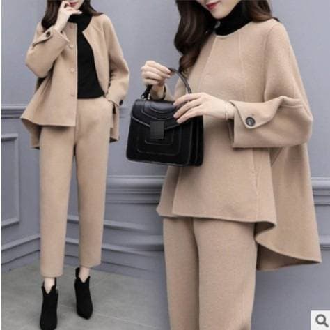 Women's Autumn Winter Tweed Two-Piece Set Loose Fit Coat With Wide-Leg Pants Casual Elegant Outfit