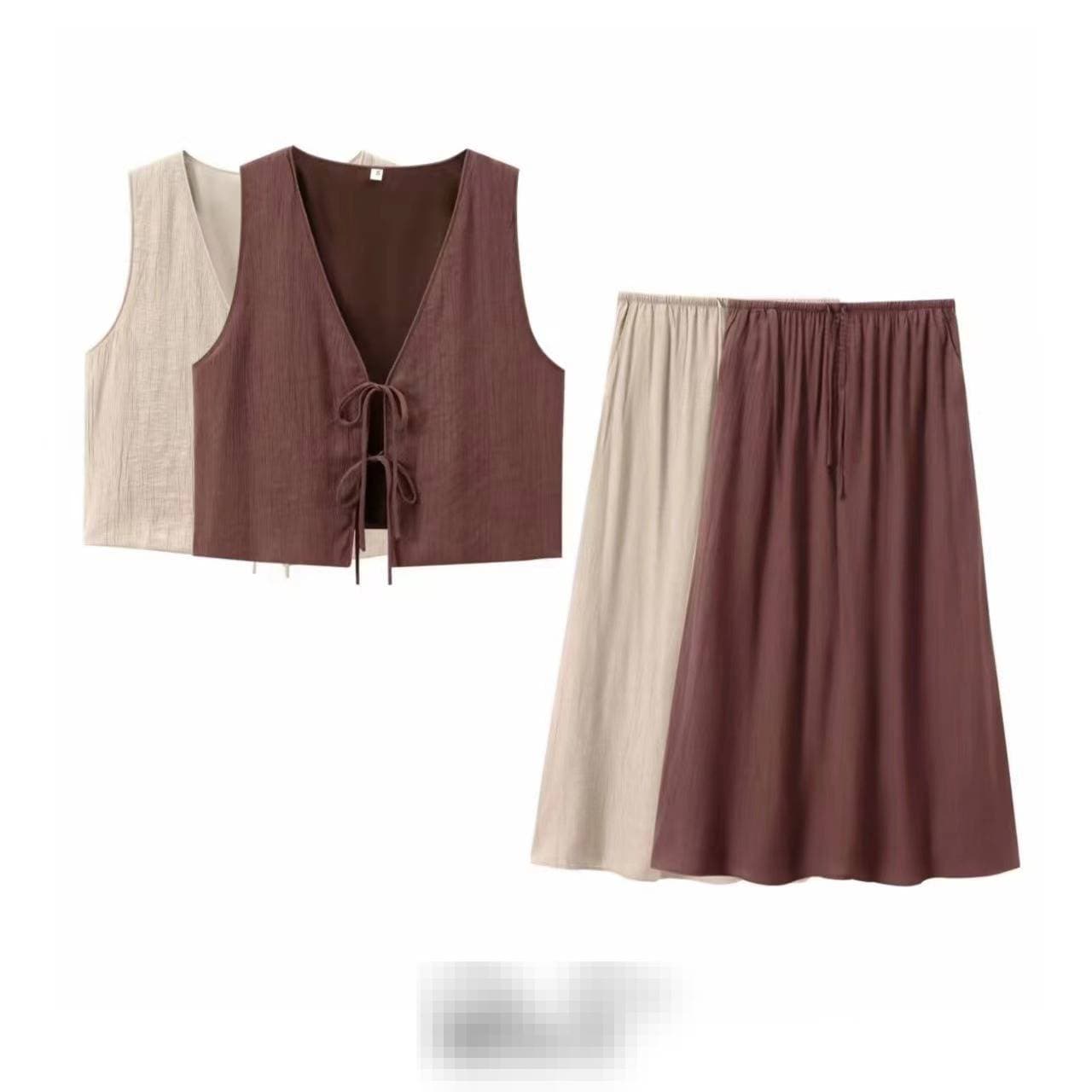 Ensemble gilet et jupe à nœud décoratif pour femme, idéal pour l'été. Tenue d'été en coton et lin texturé 3D.