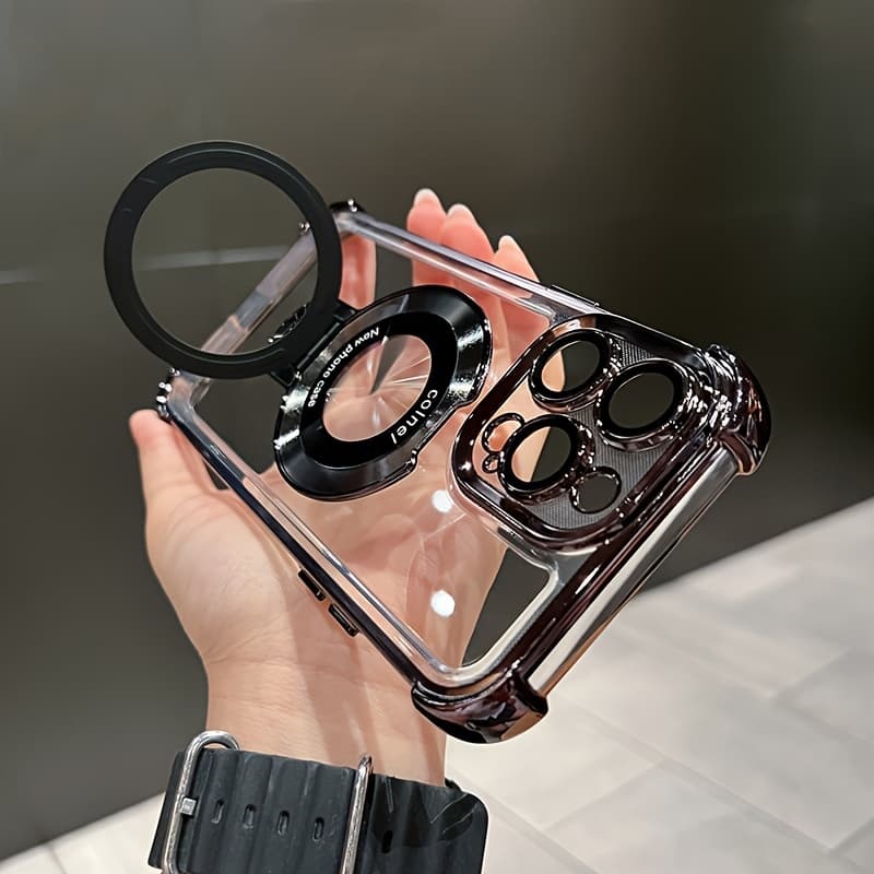 Electroplating Clear Kickstand Case for iPhone 13 12 Pro Max 14 15 Plus with Magnetic Bracket Holder Mobile Phone Shell