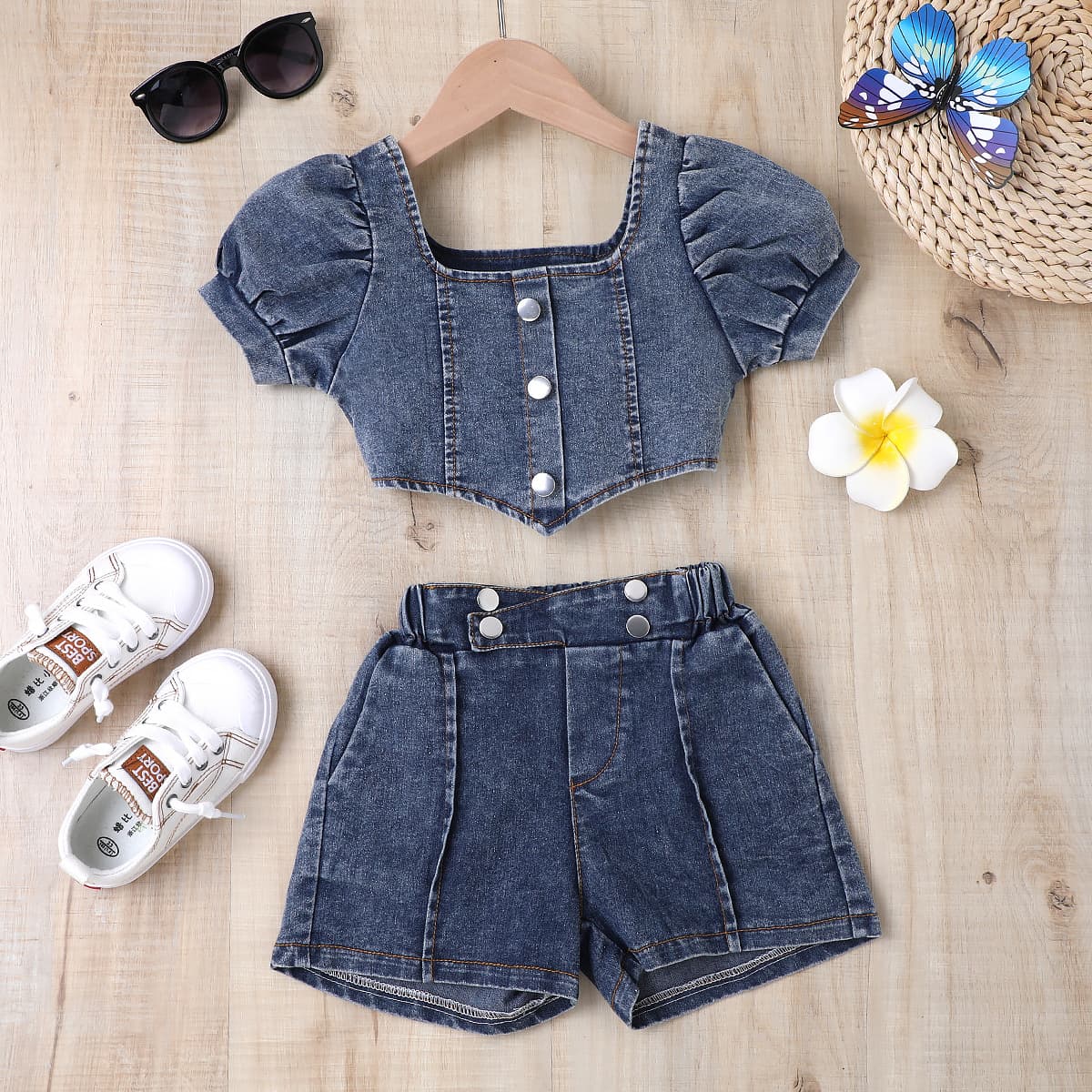 Baby Clothing Children's dress Girls' summer ribbed collar lantern sleeve top floral design multi-button denim suit