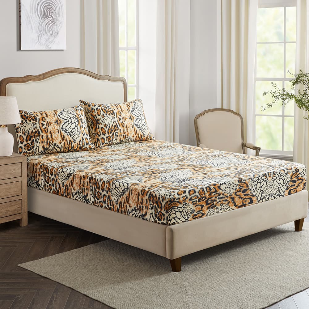 Wild Leopard Print 3D Bed Skirt - Polyester Fitted Sheet Cover Jungle Animal Print Bedroom Decor (Queen/King Size Deep Pocket Wrinkle-Resistant)