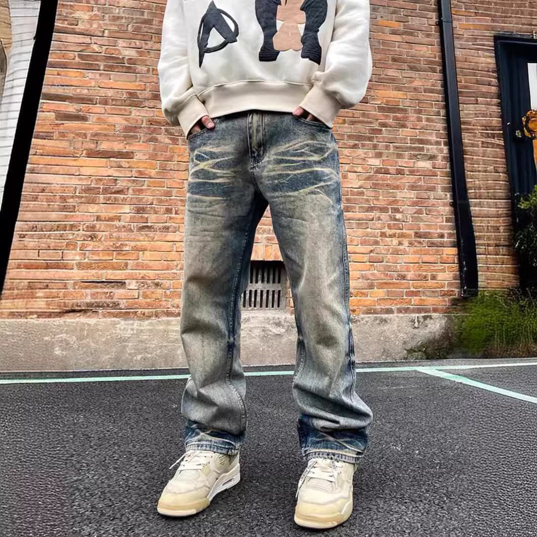 Men's Clothing Spring Street All Match Slightly Loose Straight Casual Washed Distressed Denim Trousers