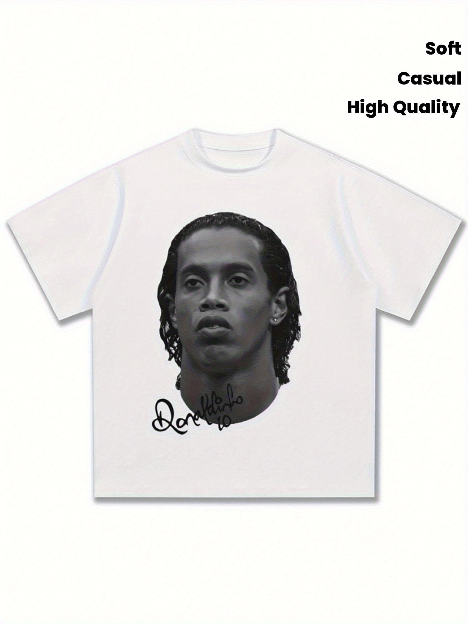 (Armonia) 180gsm COTTON[Fußballlegende Serie] Ronaldo De Assis Moreira (Ronaldinho) Porträt Signatur T-Shirt Aus Reiner Baumwolle