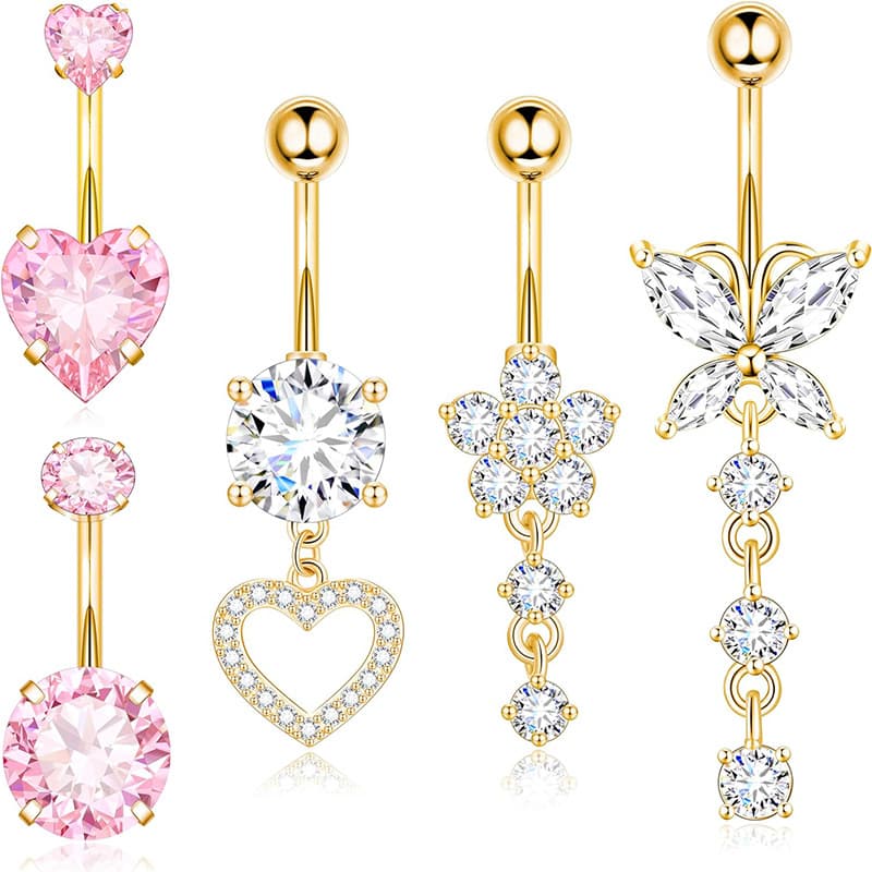 Heart-Shaped 5-Piece Set Belly Button Ring Combo With Zircon Love Combination Body Piercing Jewelry Cross-Border E-Commerce Best Selling
