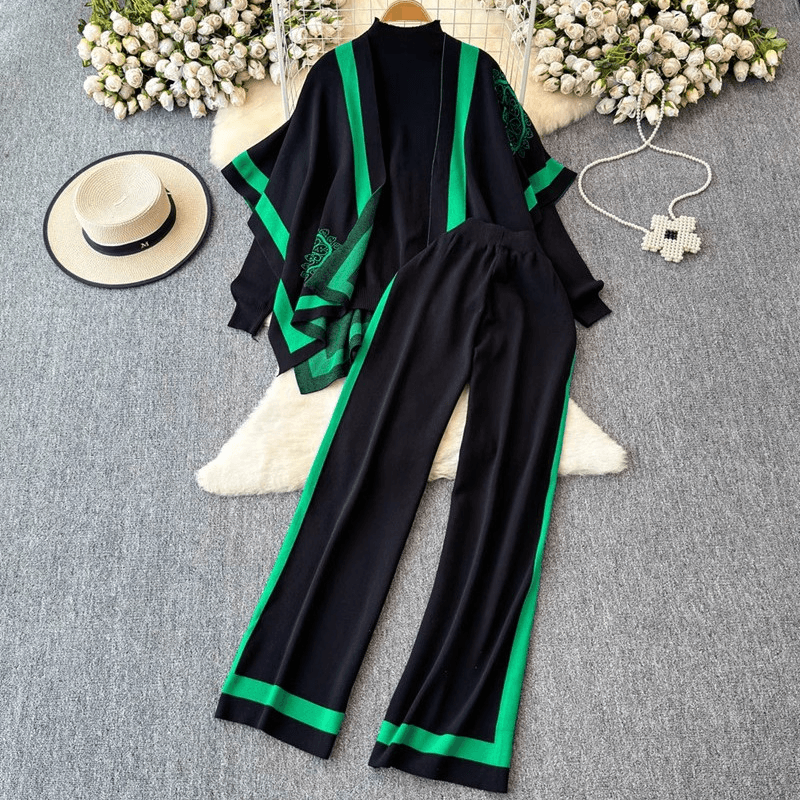 Women's Clothing women's fashion suit design color matching long sleeved knitted cardigan sweater versatile high waist wide leg pants three piece suit