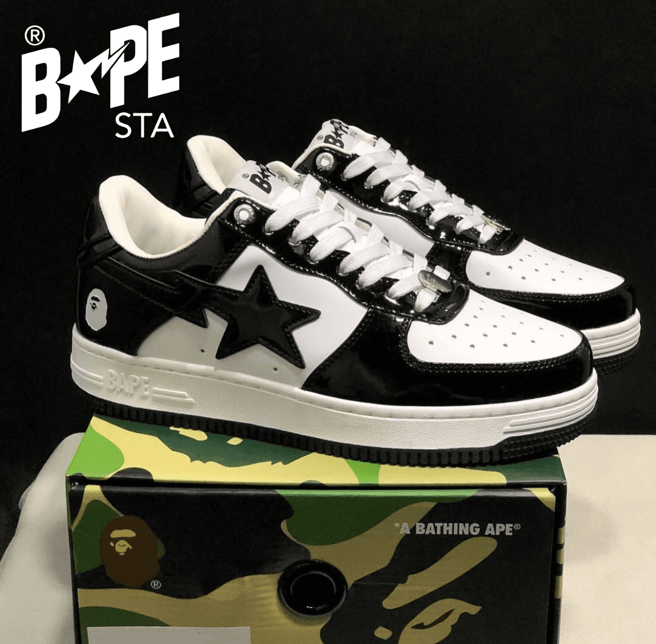 A BATHING APE Bape-STA OS Classic Lacquer Leather Double Splicing Trendy Fashion Board Shoes Air Force No.1 Board Shoes Men's And Women's Same Style