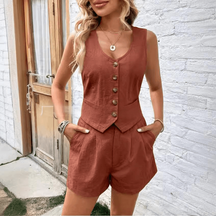Women's Clothing Solid Color V Neck Sleeveless Two Piece Suit