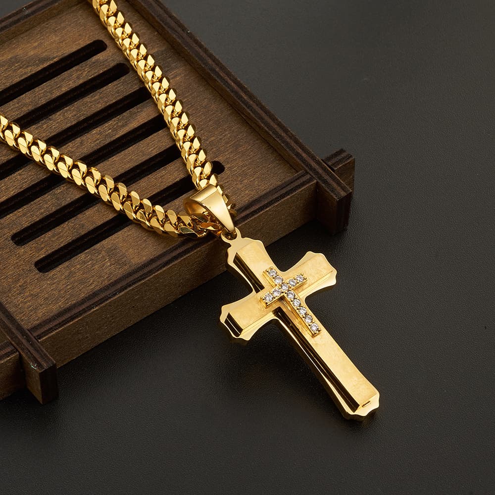 Pendant necklace stainless steel men's multi layer cross with diamond zircon pendant popular jewelry