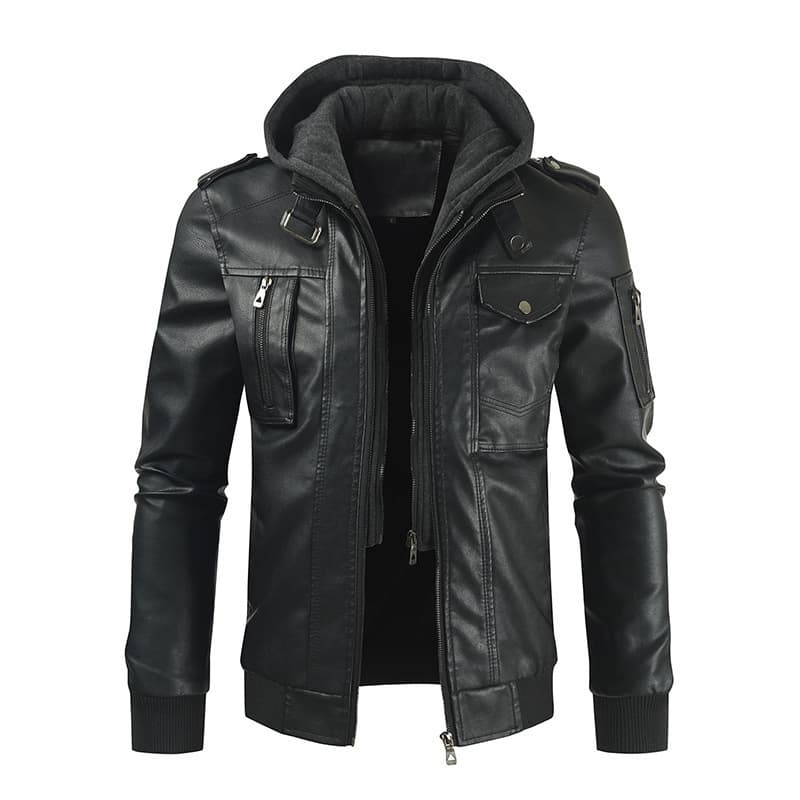 Men's clothing Retro Motorcycle PU Leather Jacket Hooded Jacket
