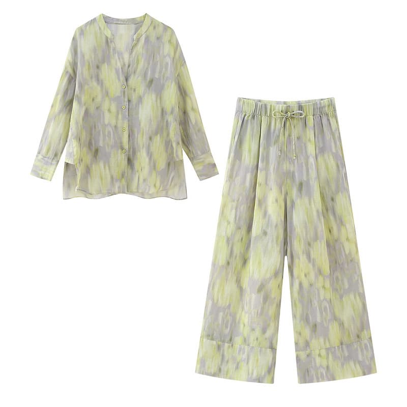 Women's Asymmetrical Slit Print Ramie Blouse & High Waist Wide Leg Pants Set – Trendy Streetwear Outfit For Summer