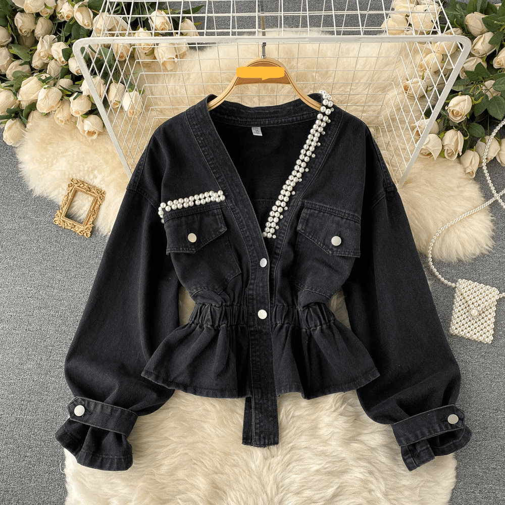 Women's Deep V-Neck Short Heavy Pearl Splicing Ruffle Hem Loose Denim Jacket