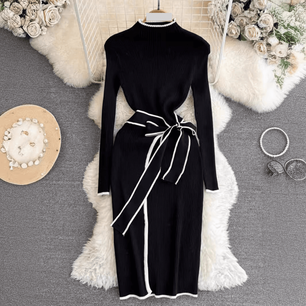 Women's Clothing Contrast Color Long Sleeve Stand Collar Waist Slimming Medium And Long Lace Up Hip Bottoming Knitted Dress