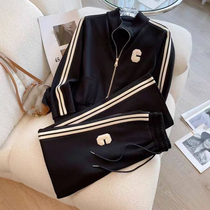 Women's Clothing Black Casual Sports Suit Fashionable And Stylish Slim Plus Velvet Zipper Jacket Sweatshirt Two Piece Suit