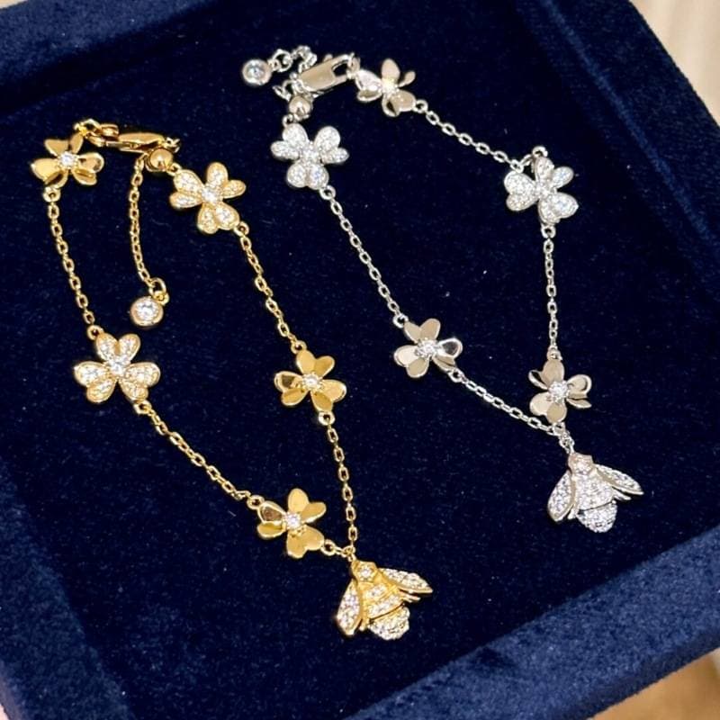 Unisex Jewelry Fashion Bee Clover Bracelet – Gold/Silver Full Diamond Vintage Hand Chain​