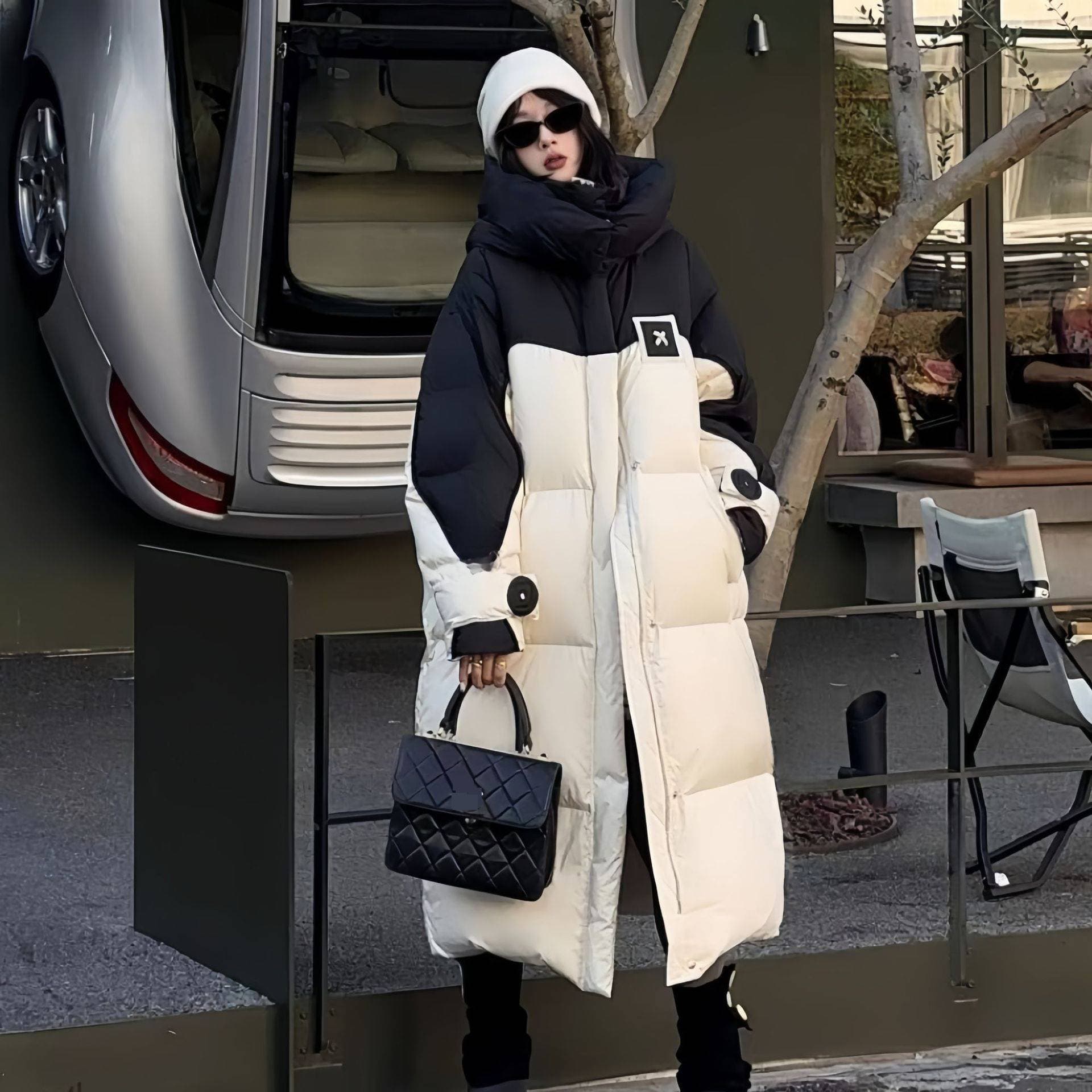 Women's Clothing ​Fashionable Winter Hooded Parka Coat With Detachable Hood, Thickened Warm Padded Jacket, Loose Fit Color Block Long Coat For Women​