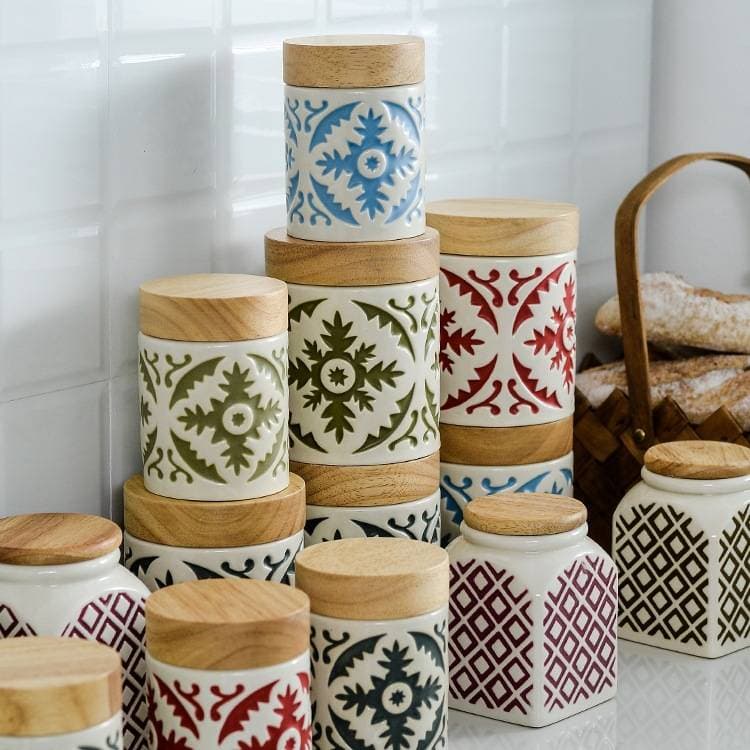 Creative Kitchen Ceramic Storage Jar With Wood Lid For Coffee Grains Snacks Tea Sealed Container For Pantry Organization