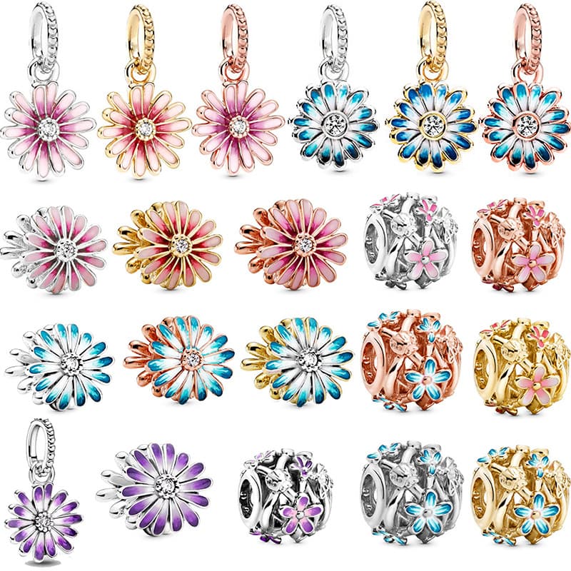 Sterling Silver Daisy Charm Bracelet - Hollow Pink Beaded Pendant For Women