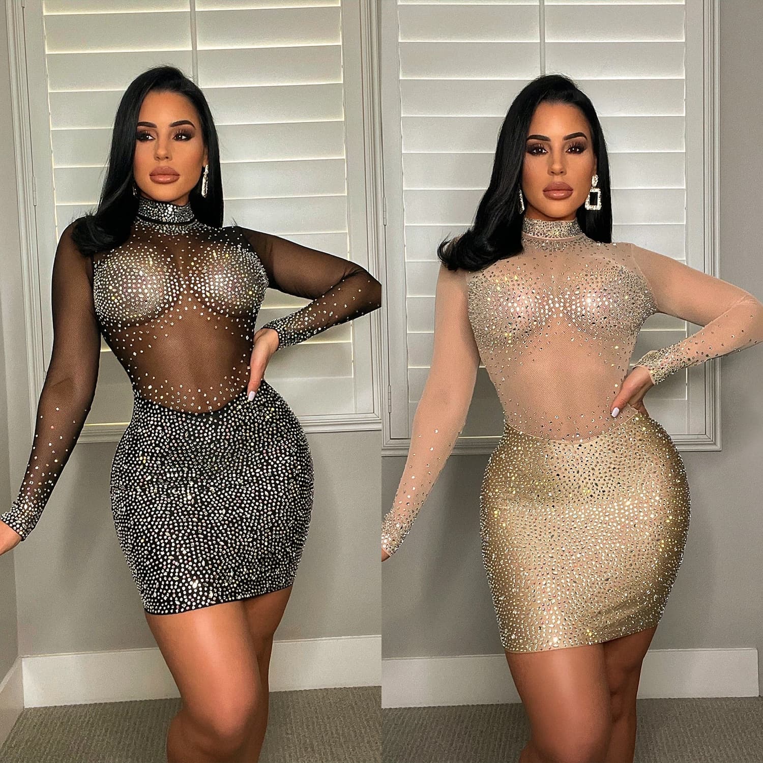 Women's Clothing Fashionable And Sexy Mesh Long Sleeved Hot Diamond Dress For Women