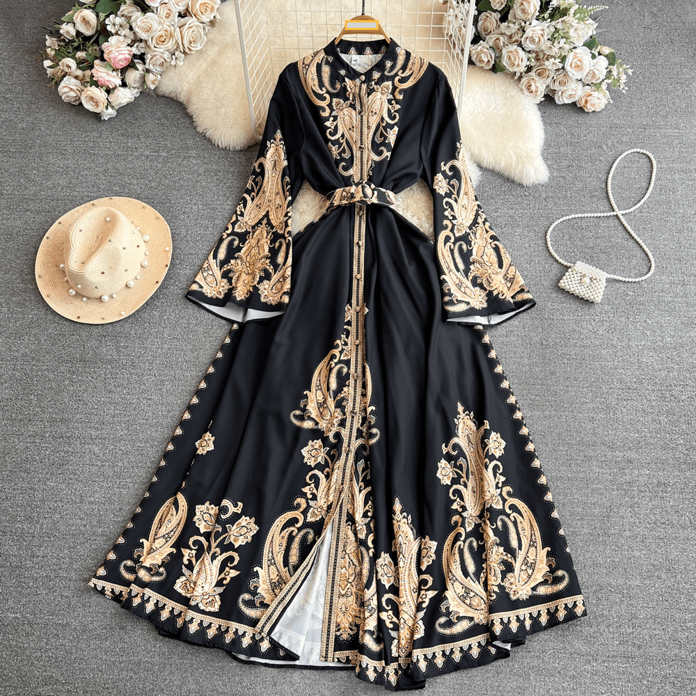 Women's Clothing Retro palace style temperament trumpet long sleeve lapel waist single breasted a line positioning print dress dress for women