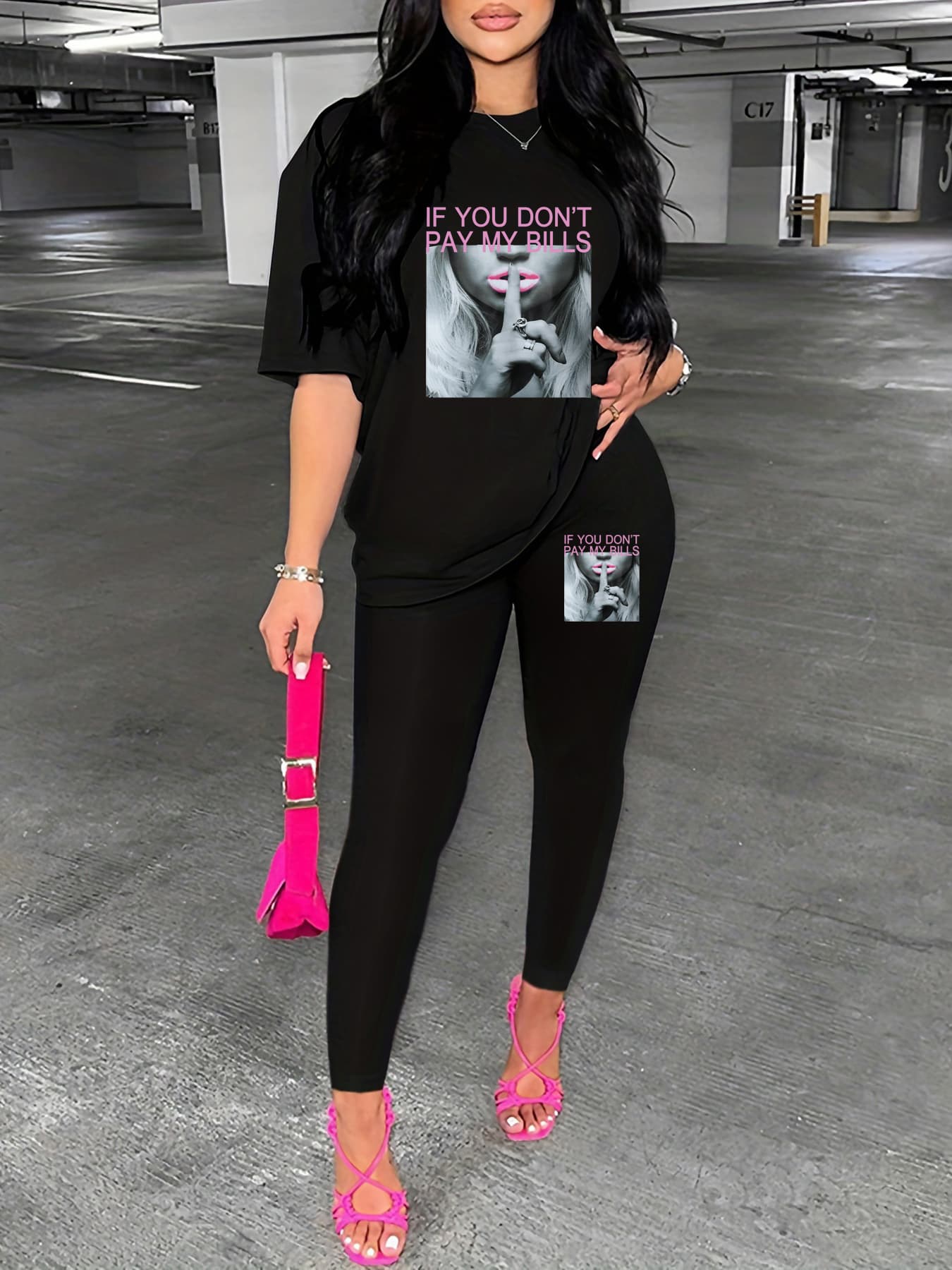 Women's Casual Fashion Portrait Letter Pattern Printed Loose T-shirt+cropped Pants Two-piece Home Sportswear Daily Wear-391