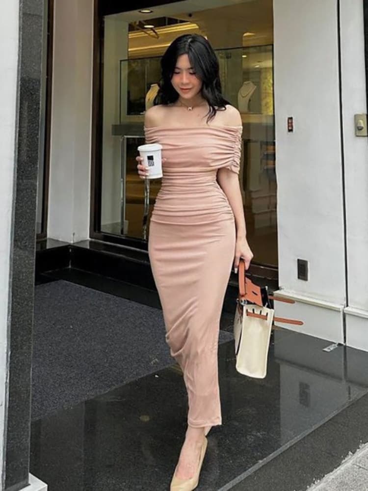 K One-shoulder Ruffled Dress; Slim-fitting, Slimming, Slit-style Underskirt; Evening Dress Long Gown.