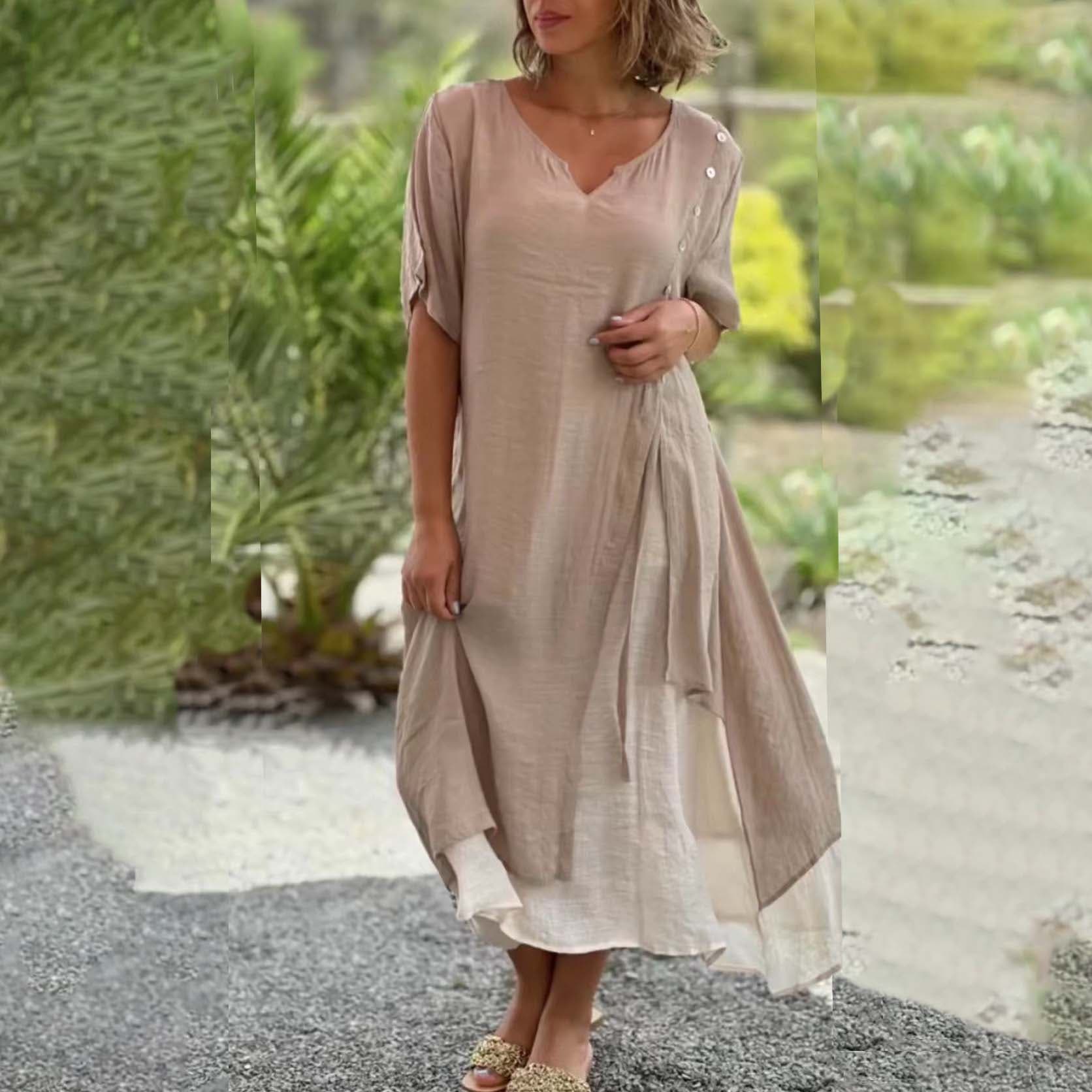 Women's fashionable V-neck short-sleeved fake two-piece asymmetric dress