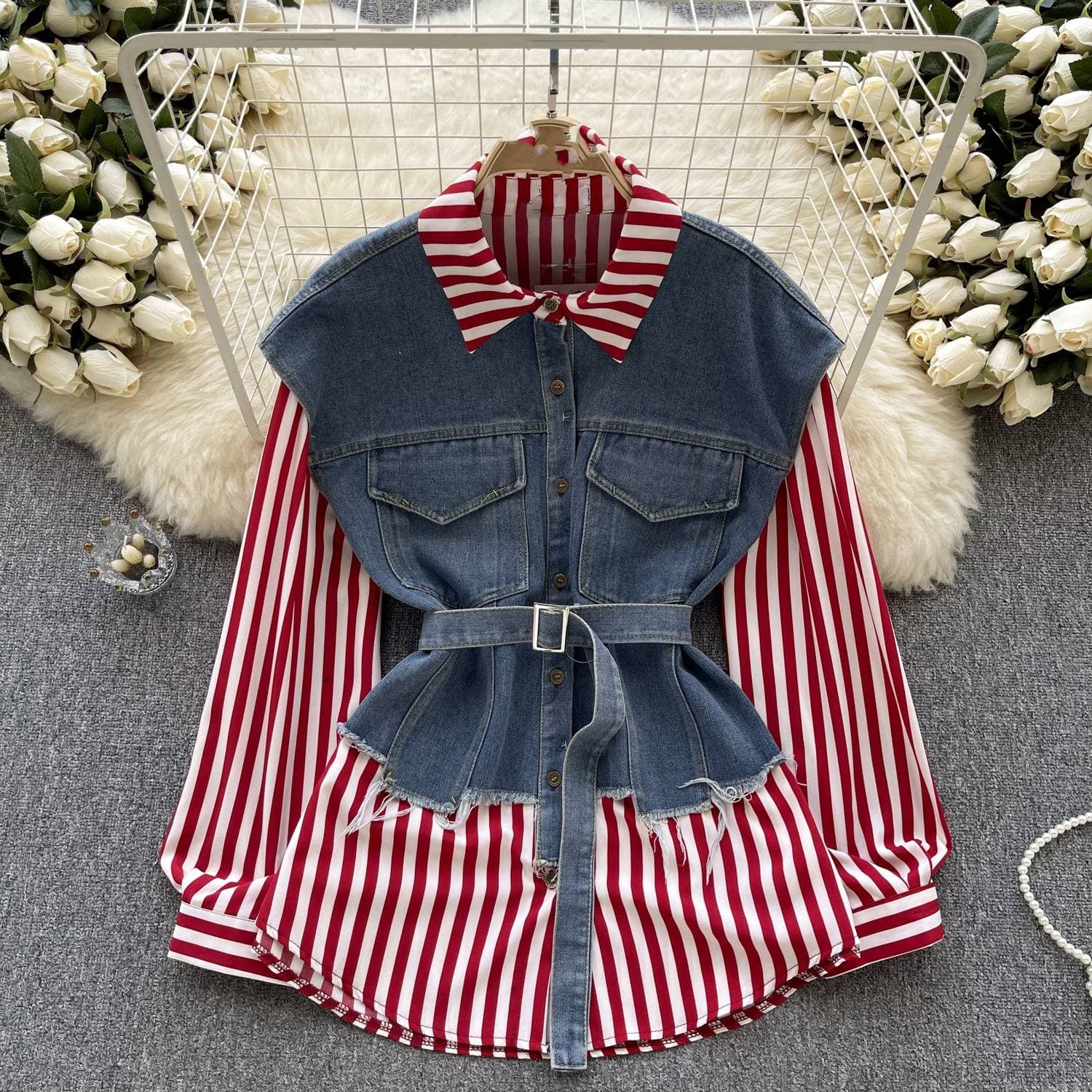 Two-piece Tops Women Lace-up Waist Casual Loose Versatile Denim Splicing Striped Shirt