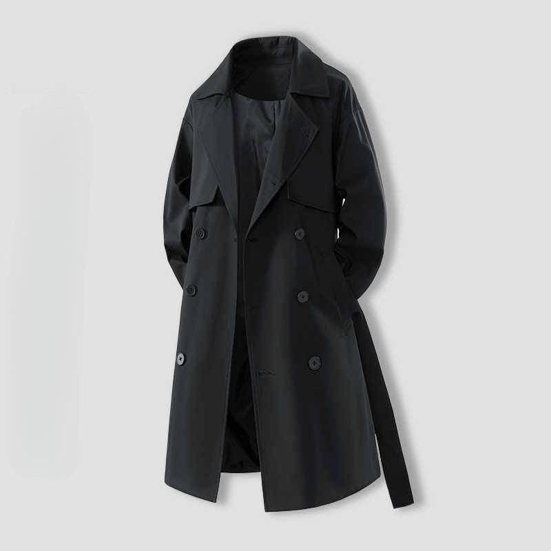 Trench-coat en velours côtelé pour homme - Veste printemps/automne coupe ajustée avec ceinture, col montant, poches utilitaires, vêtement d'extérieur long et décontracté.