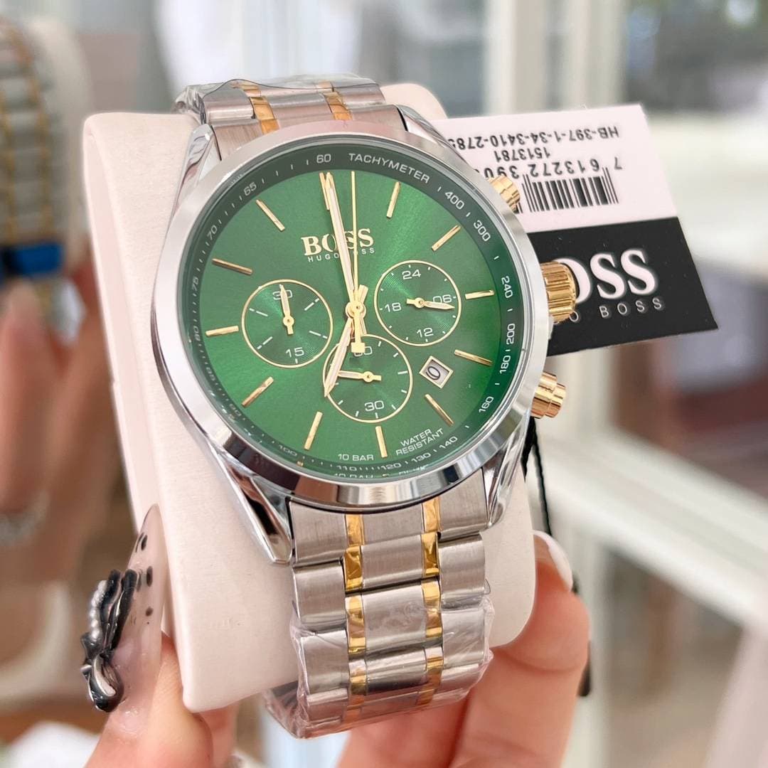 Montre à quartz BOSS avec bracelet en métal, or et argent, chronographe, étanche à 10 bars, élégante pour le travail et les loisirs