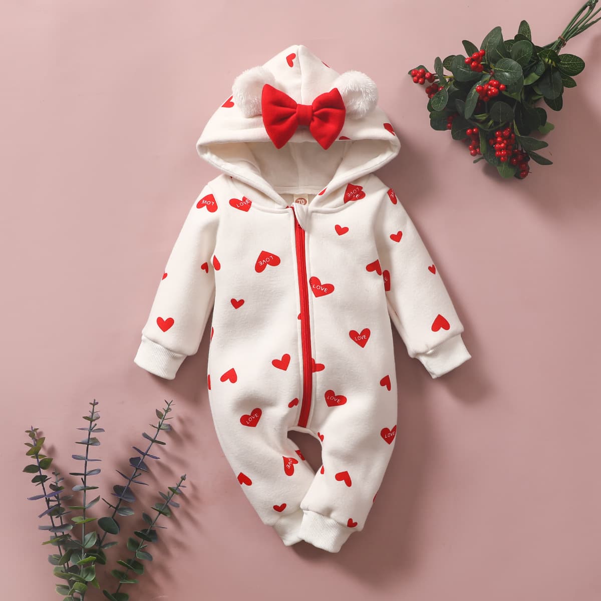 ​​Unisex Baby Hooded Romper With Heart & Bow Design - Soft Cotton Zip-Up Jumpsuit For Infants & Toddlers (80-100cm)​​