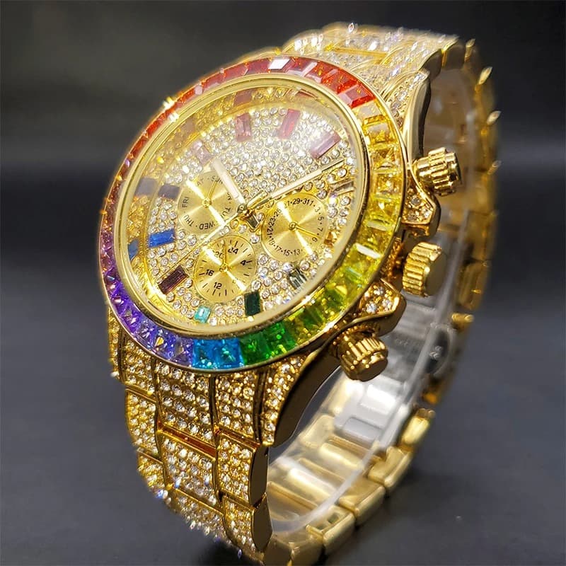 New European Hip Hop Gold Mens Watch, Rainbow Diamond Bezel Full Rhinestone, Chronograph Three Dial Waterproof, Stylish Sport Wrist Watch For Men