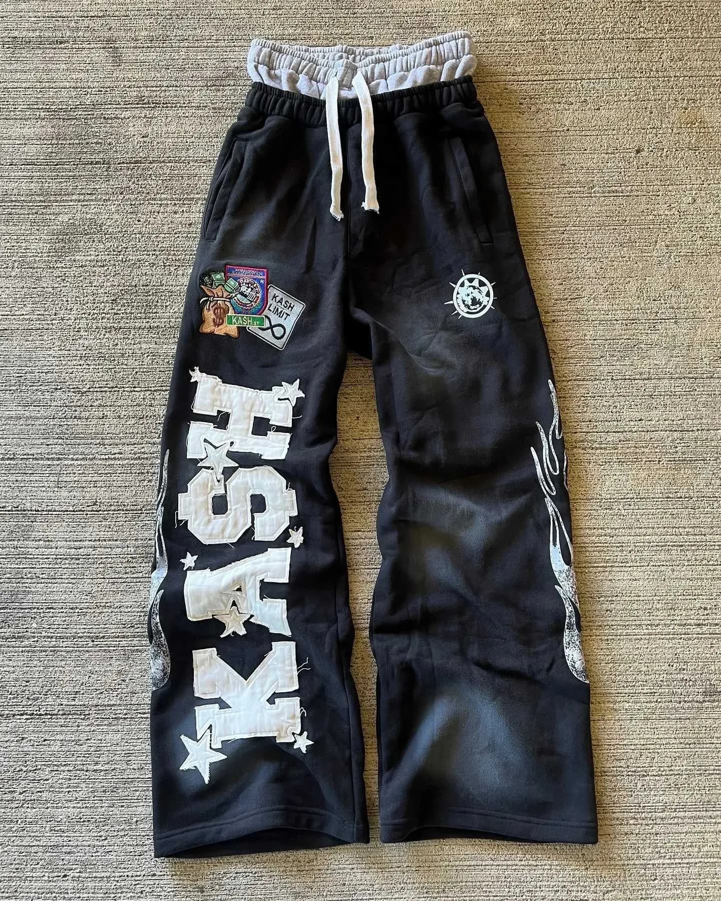 American Sweatpants Y2K Pants Men Gothic Hip Hop Letter Patch Retro Double Layer Design Baggy Elastic Waist Jogging