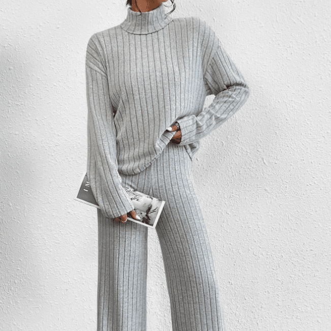 Women's High Collar Knitted Long-sleeved Top + Loose Trousers Two-piece Set