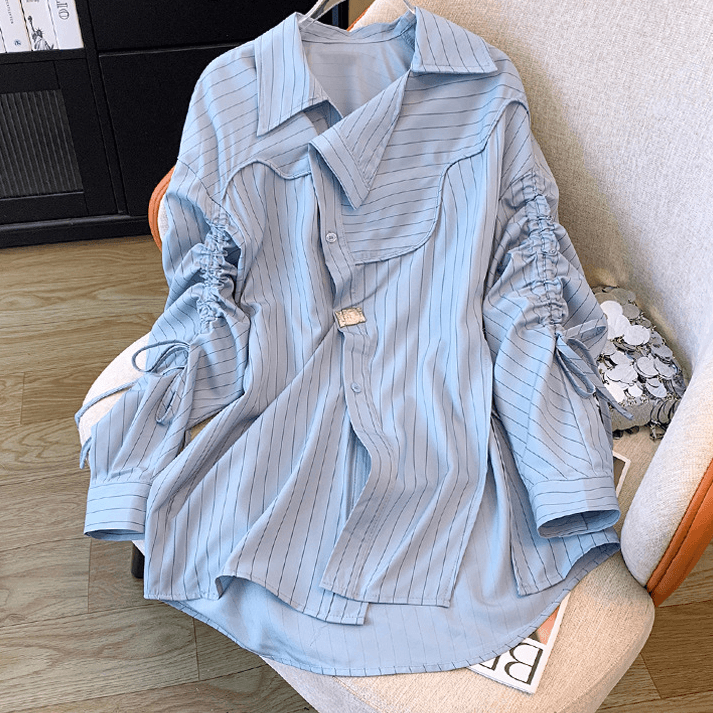 n mid-length striped blouse waist shirt slim chic top