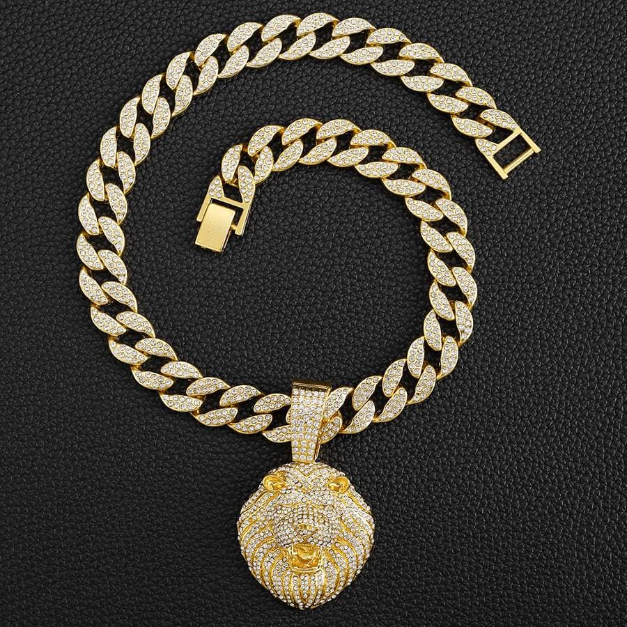 Cool full diamond personality three dimensional lion head pendant Cuban necklace Street hip hop style