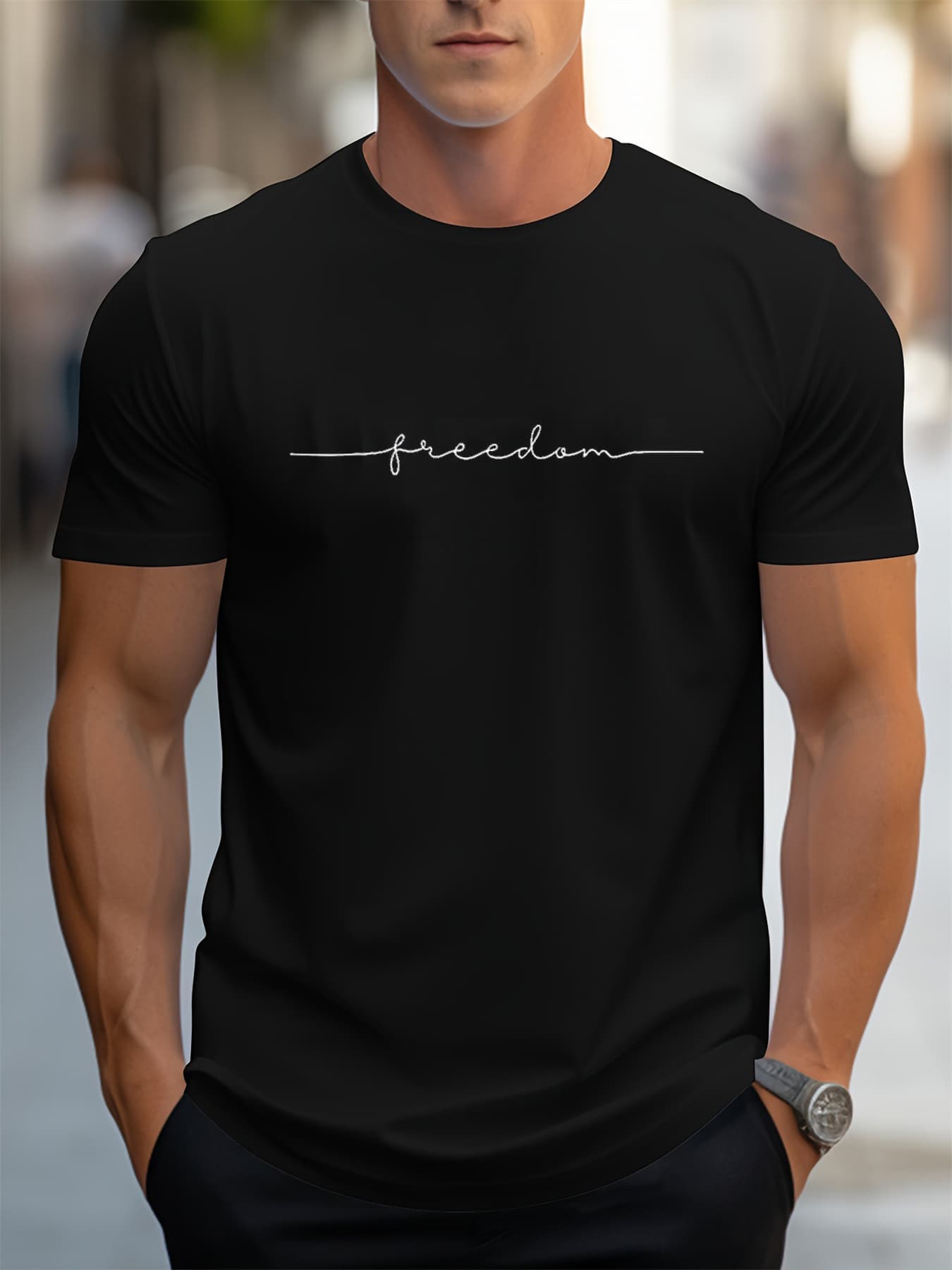 Men's Spring/Summer Fashion Short Sleeve T-shirt 100% Cotton Freedom Letter Print Casual Slim Fit Versatile Top