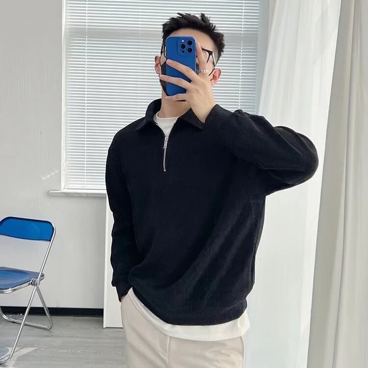 Men's Clothing Autumn New Style Half Zip Sweatshirt Men's American Retro Loose Casual Design Niche Top Solid Color Pullover