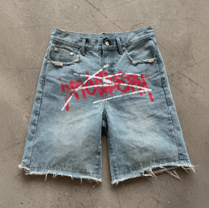 Men's Clothing Cross Border Factory Direct Sales American Retro Washed Loose Shorts Personality Trend Pattern Street Straight Jeans Men