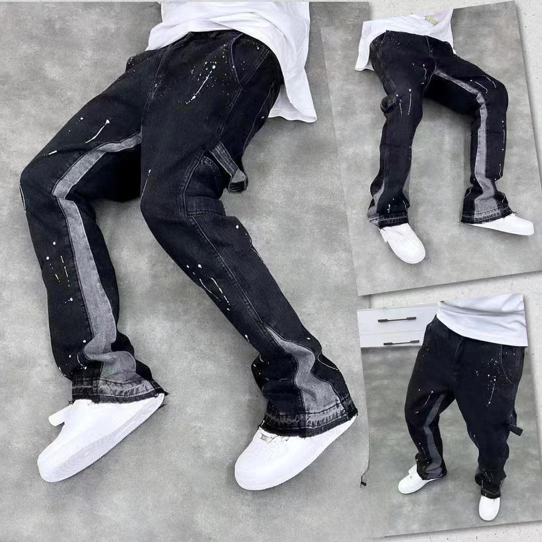 Men's Clothing High Street Trendy Splashed Ink Micro Flared Jeans Retro Vibe Style Loose Straight Casual Mopping Trousers