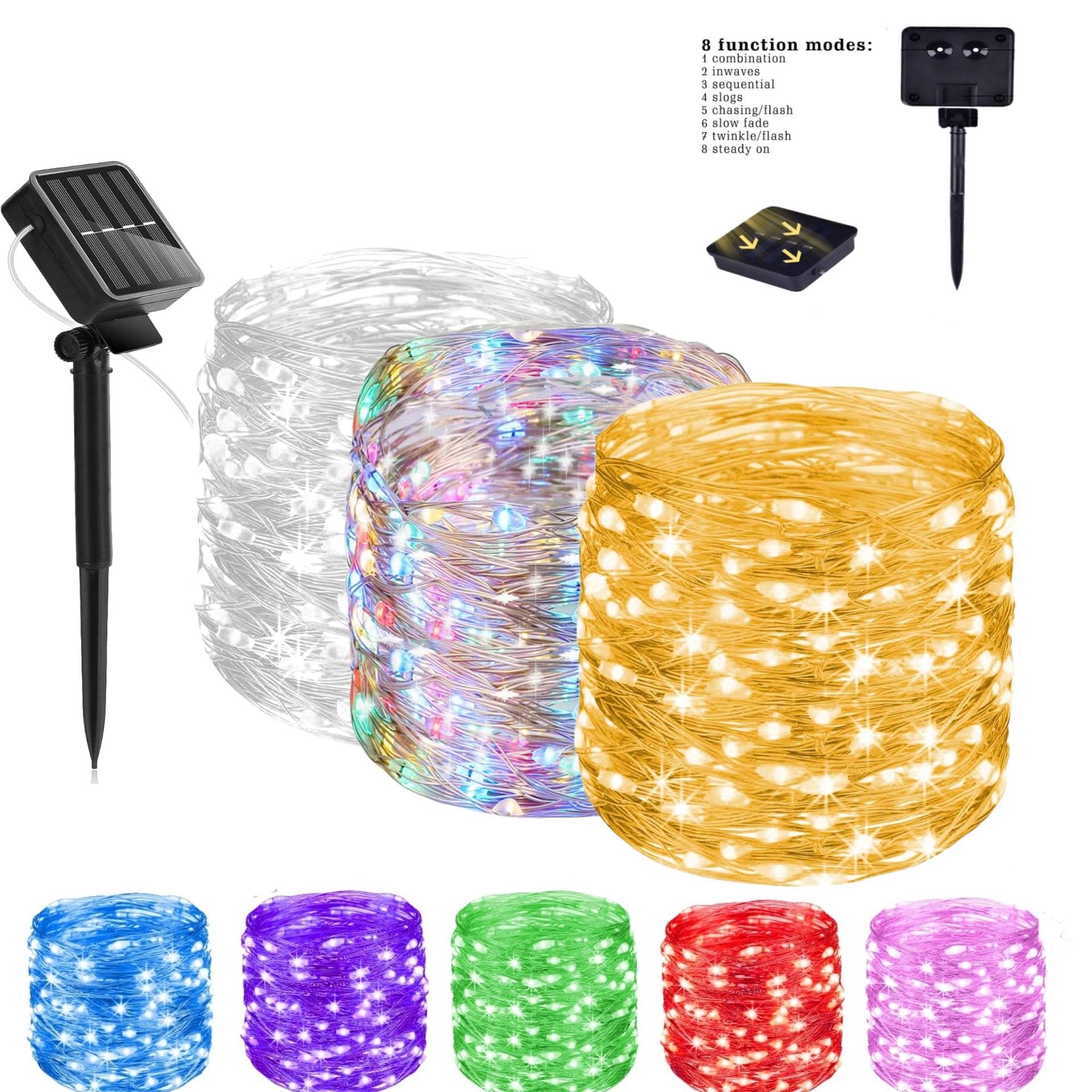 Solar LED String Lights - 8 Modes, IP65 Waterproof, Remote Control, Warm White/White/Color Changing For Christmas, Garden, Patio (Copper Wire)