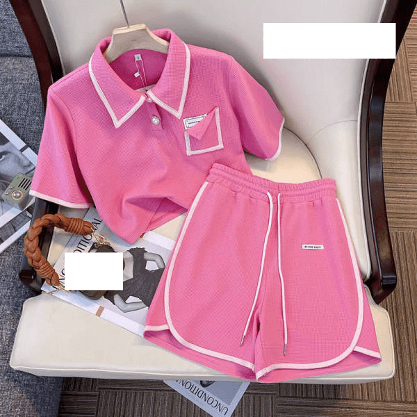 Women's Polo Collar Pink Design Niche Fashion Age-reducing Shorts Two-piece Suit