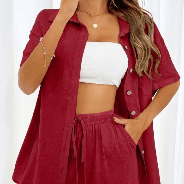 Women's Clothing Fashion Shorts Two Piece Solid Color Shirt Suit Casual Loose Short Sleeve Single Breasted