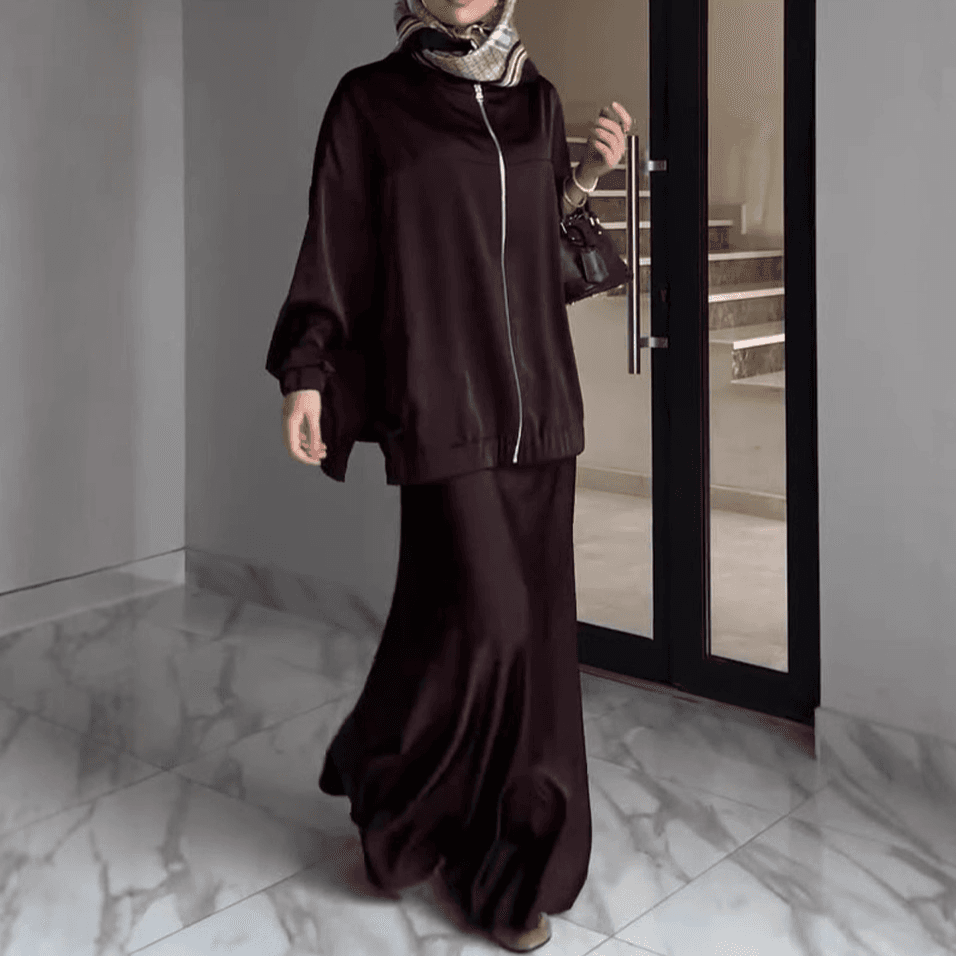 Women's Clothing New Solid Color Intellectual Leisure Loose Zipper Long Sleeve Long Skirt Suit